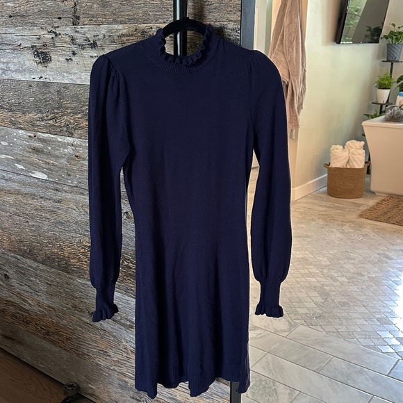 CECE Women's Long Sleeve Smock Cuff Mock Neck Sweater Dress in Navy - Picture 2 of 10